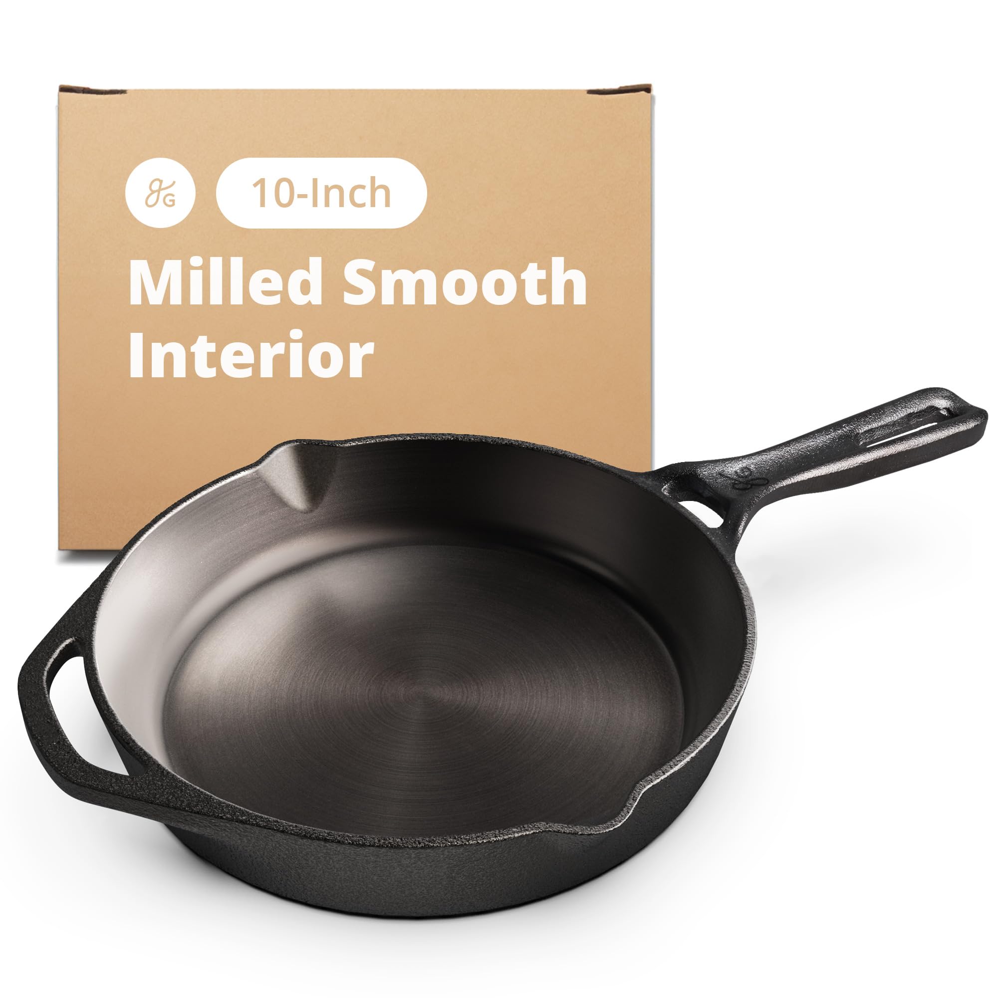 Greater Goods cast iron skillet 10-inch for versatile cooking on any heat source that retains heat.