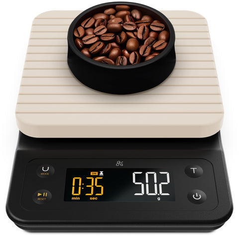 Greater Goods digital coffee scale display clearly shows precise measurements for every brew