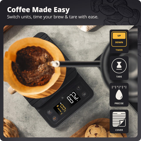 Greater Goods scale beside an espresso setup highlighting 0.1 g precision