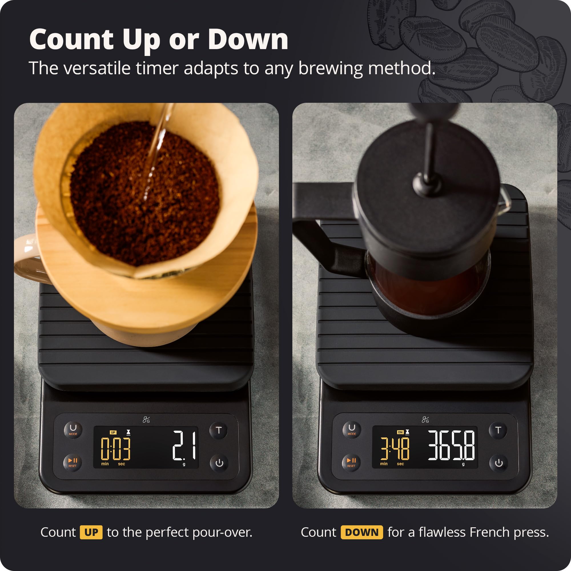 Greater Goods scale features a timer for bloom and pour control