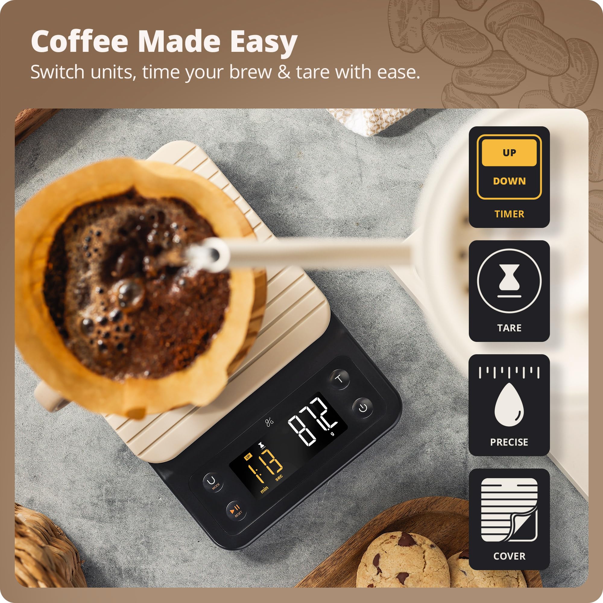 Greater Goods coffee scale timer enables accurate bloom and pour timing