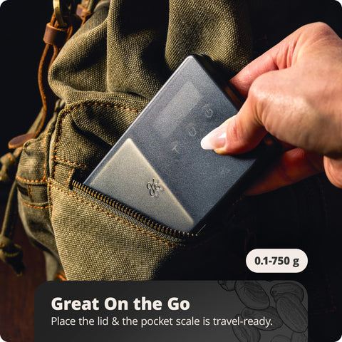 Greater Goods digital espresso scale backlit display ensures easy reading.