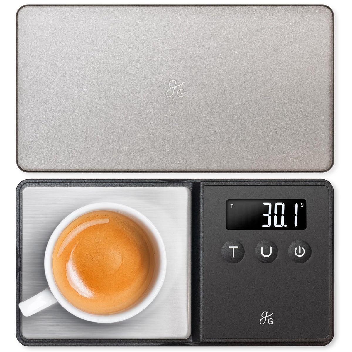 Greater Goods digital espresso scale in compact design for precise dosing.