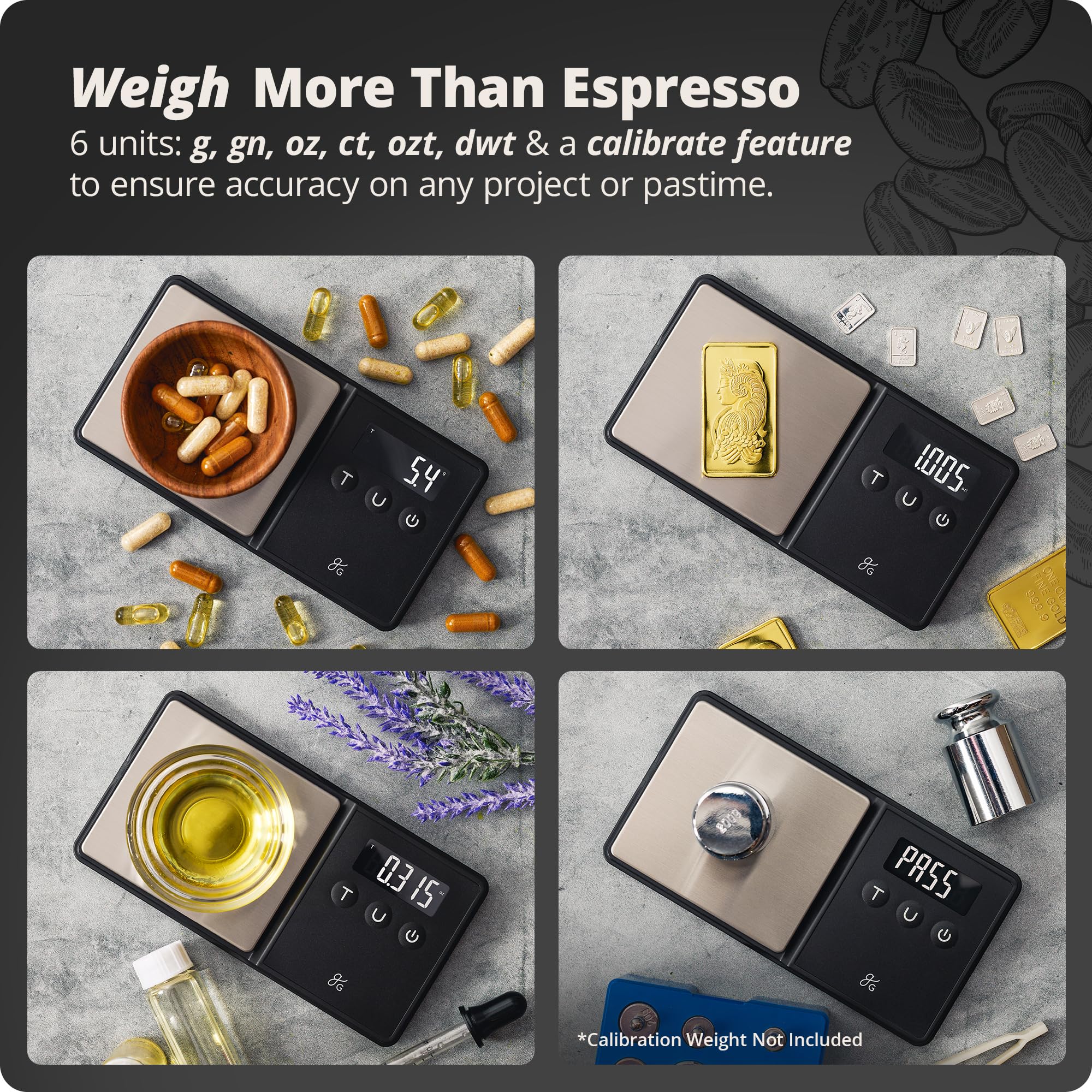 Greater Goods digital scale supports six units for versatile brewing.