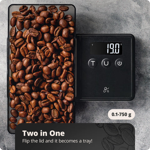 Greater Goods scale offers tare function for zeroing the cup weight.