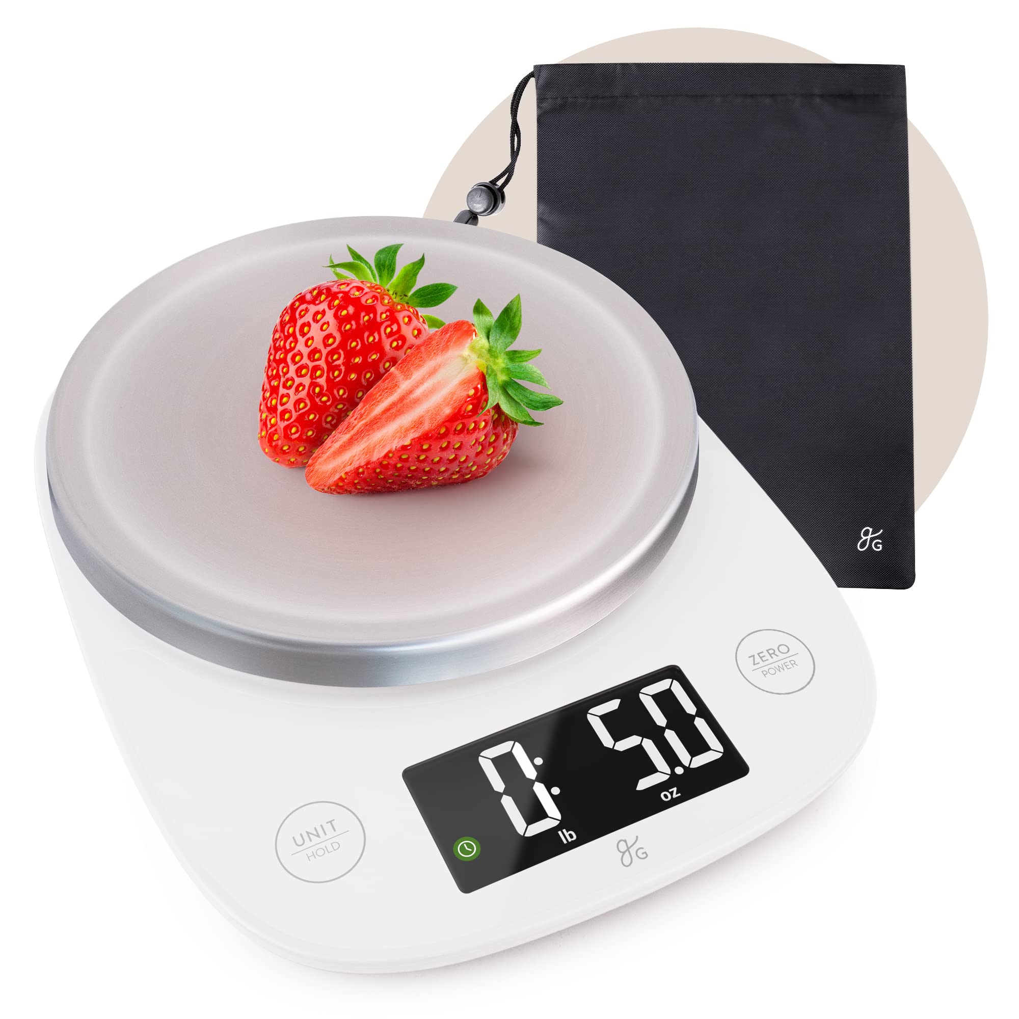 Greater Goods digital kitchen scale display close-up showing clear readings.