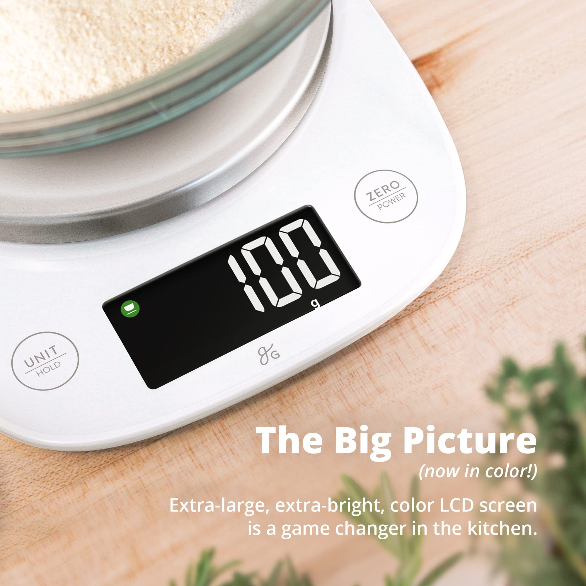 Tare function demonstrated on Greater Goods digital kitchen scale.