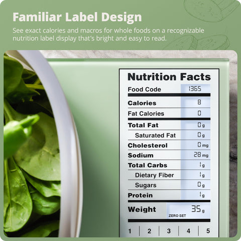 Greater Goods Digital Nutrition Scale backlit display aids reading nutrition data in any kitchen lighting