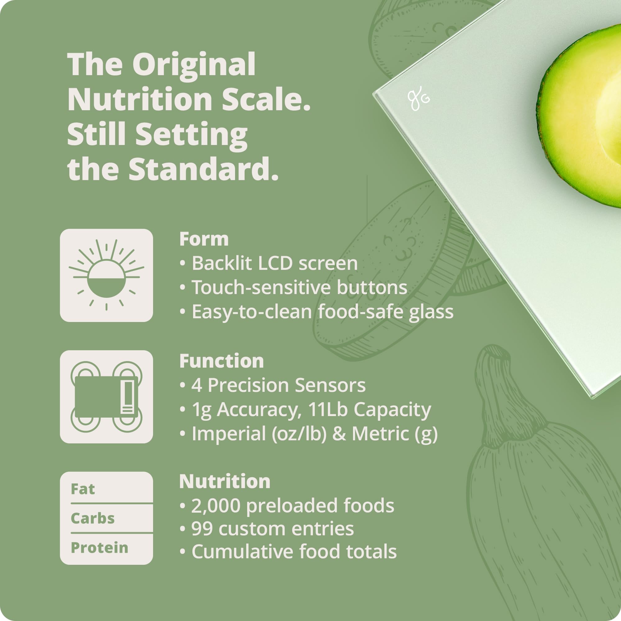 Greater Goods Digital Nutrition Scale capacitive buttons provide responsive control during meal prep