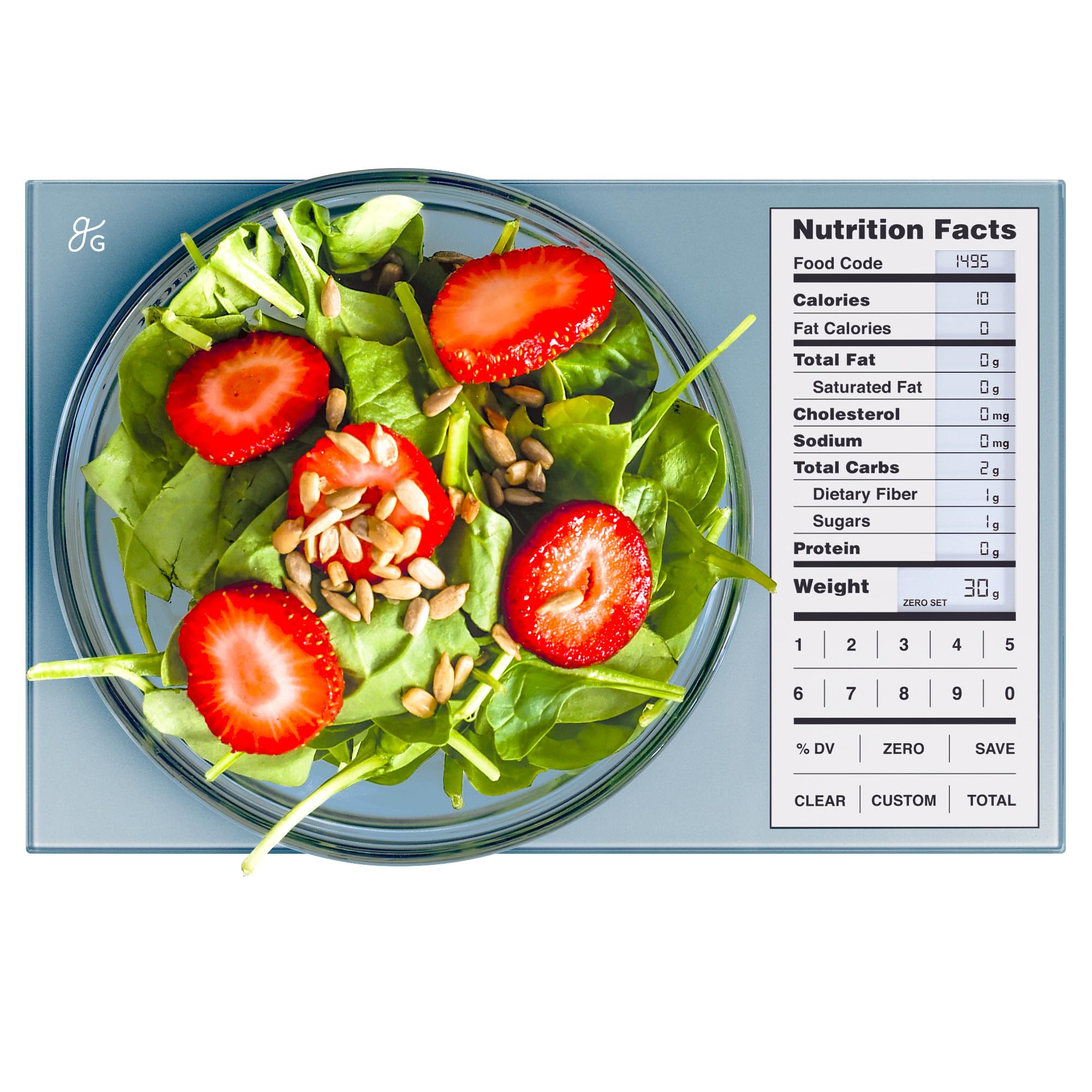 Greater Goods digital nutrition scale front view with clear readout for precise tracking.