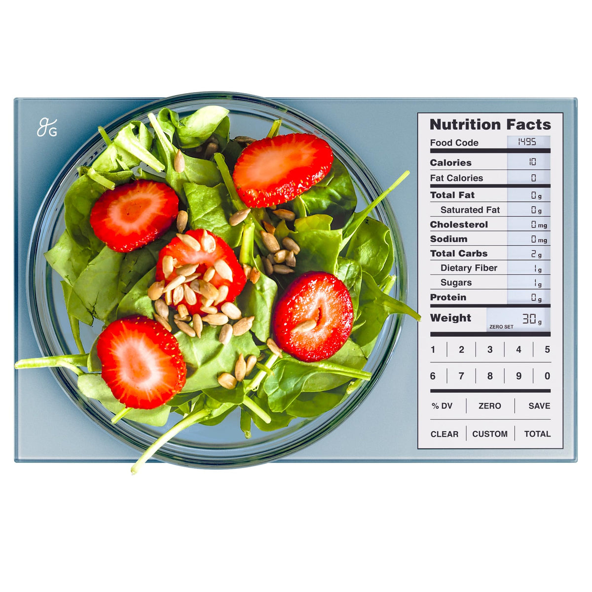 Greater Goods digital nutrition scale front view with clear readout for precise tracking.