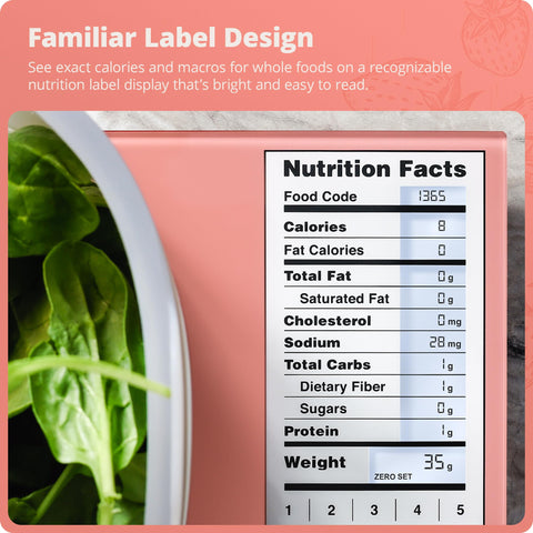 Greater Goods Digital Nutrition Scale intuitive display helps quick macro insights.