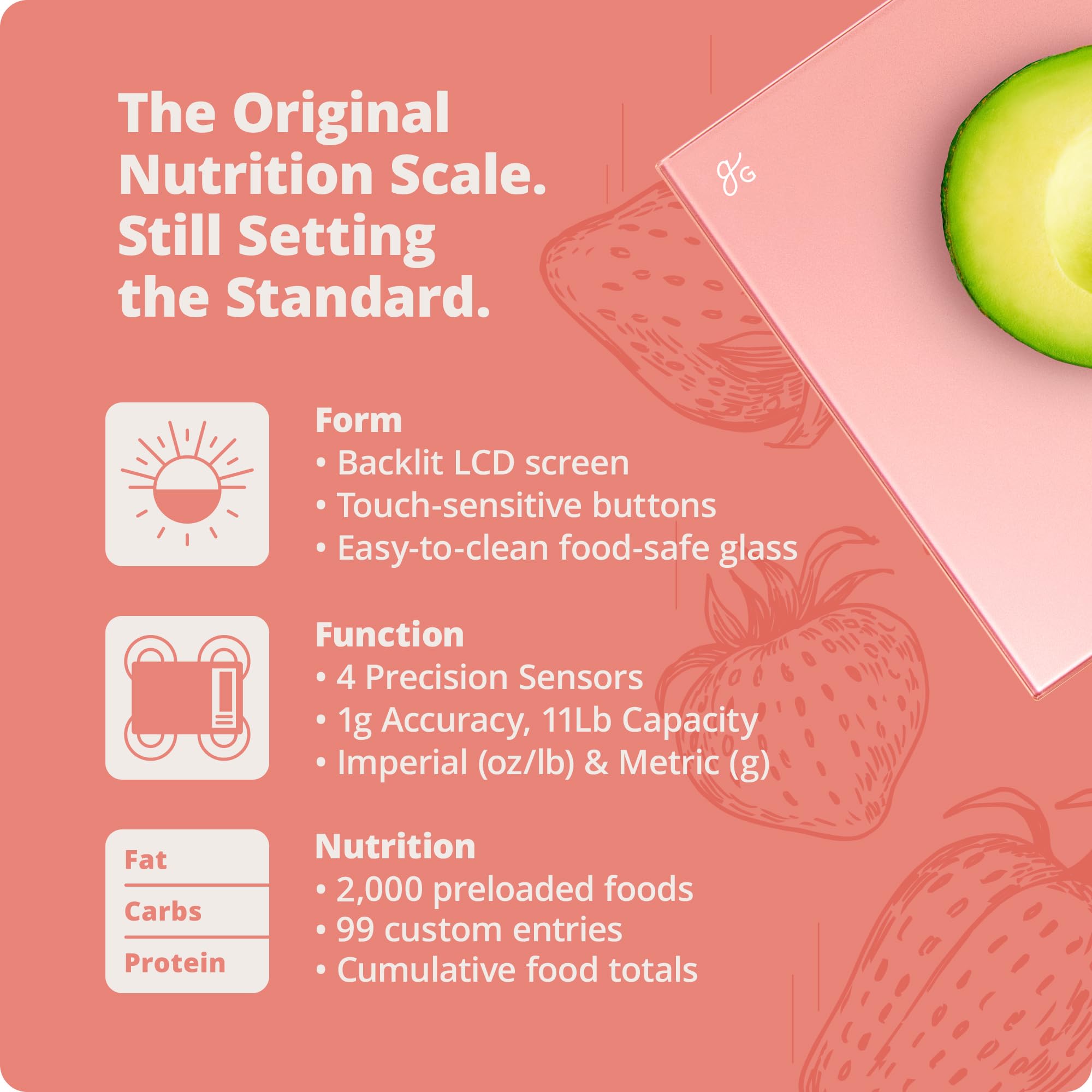 Greater Goods Digital Nutrition Scale tracks carbs, proteins, and fats for meals.