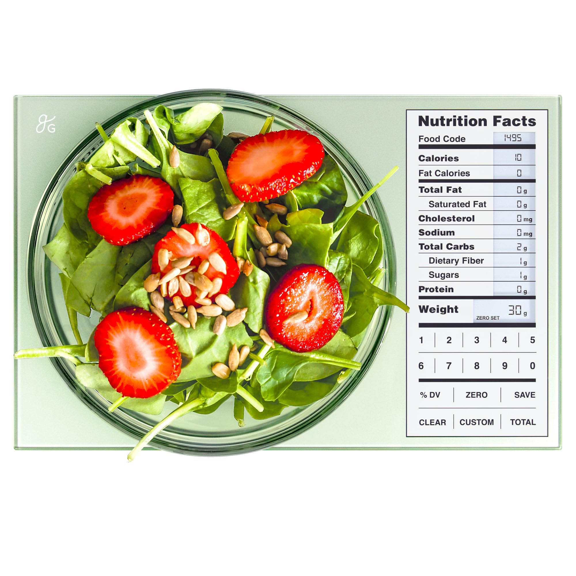 Greater Goods Digital Nutrition Scale on counter shows accurate macro tracking for meal prep