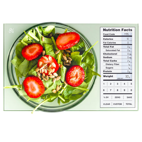 Greater Goods Digital Nutrition Scale on counter shows accurate macro tracking for meal prep