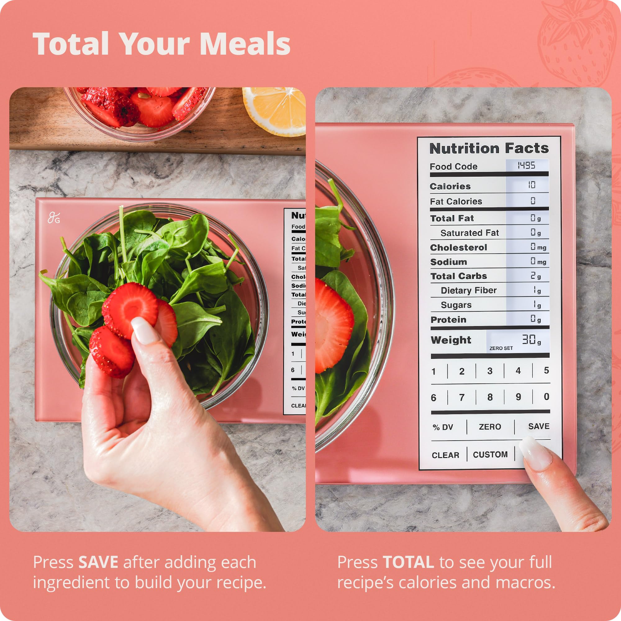 Greater Goods Digital Nutrition Scale tare function makes container weighing hassle-free.