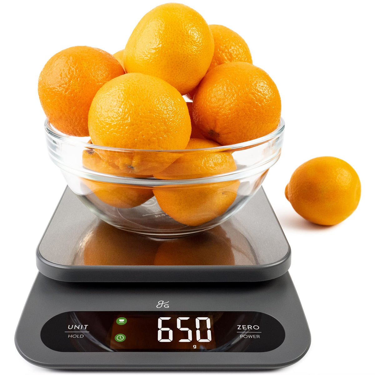 Greater Goods digital scale with stainless steel platform and large display for precise baking.