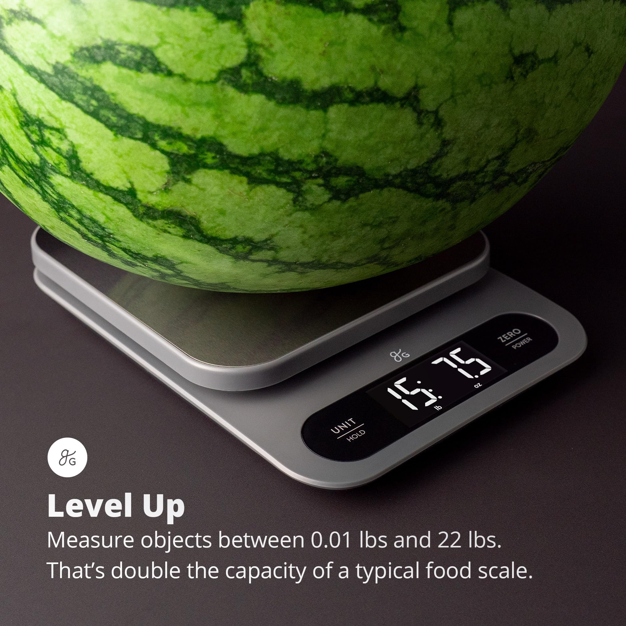 Greater Goods digital scale front readout shows accurate gram measurements for sourdough.