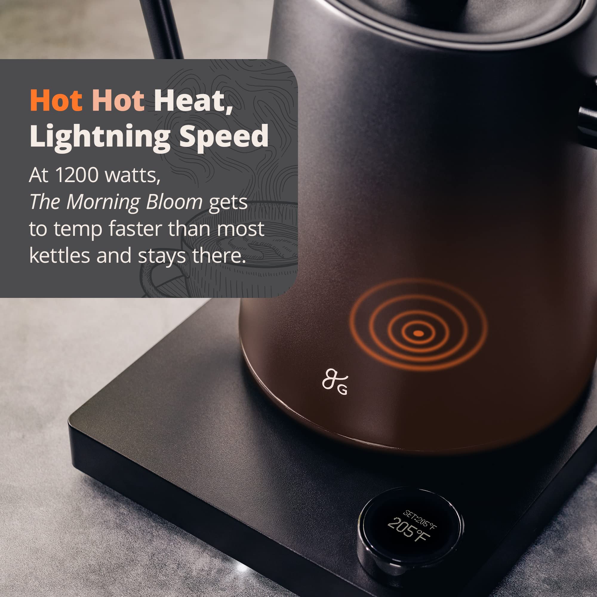 Greater Goods electric gooseneck kettle beep-ready tone signals water readiness.