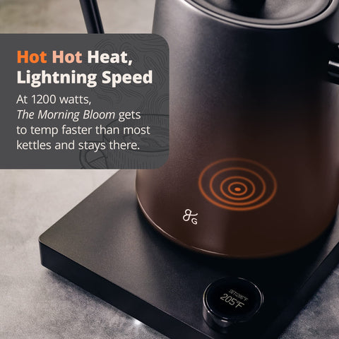 Greater Goods electric gooseneck kettle beep-ready tone signals water readiness.