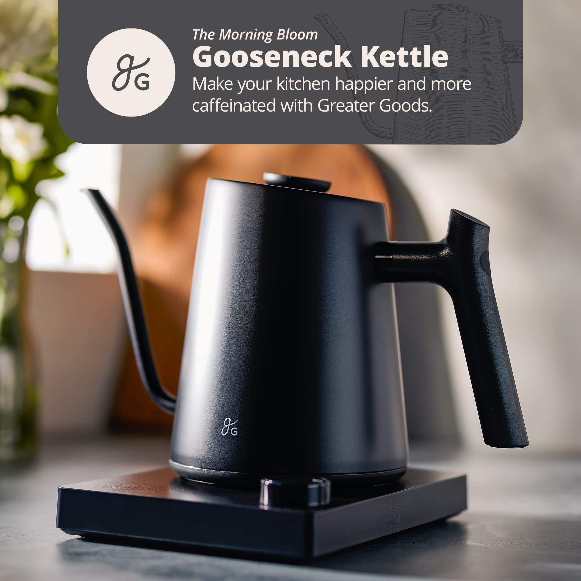 Greater Goods electric gooseneck kettle digital temperature display for precise brewing control.