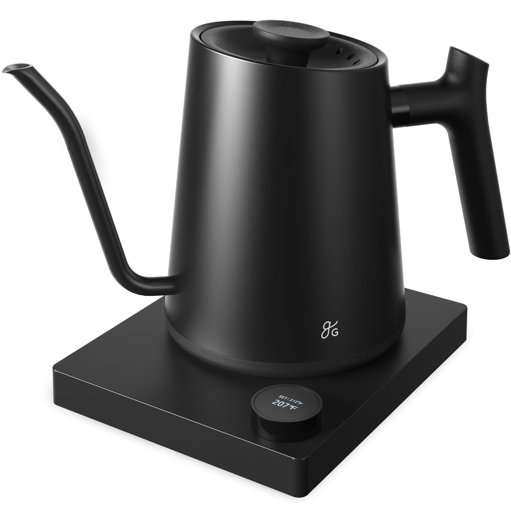 Greater Goods electric gooseneck kettle with precise pour spout for consistent coffee preparation at home.