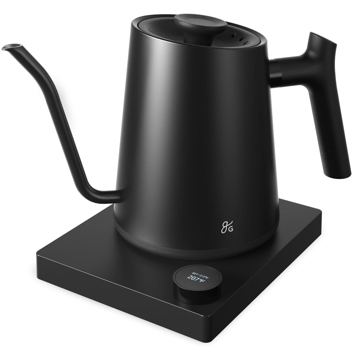 Greater Goods electric gooseneck kettle with precise pour spout for consistent coffee preparation at home.