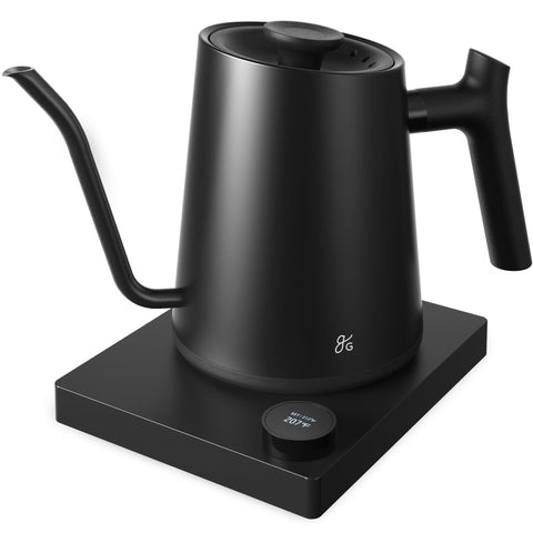 Greater Goods electric gooseneck kettle with precise pour spout for consistent coffee preparation at home.