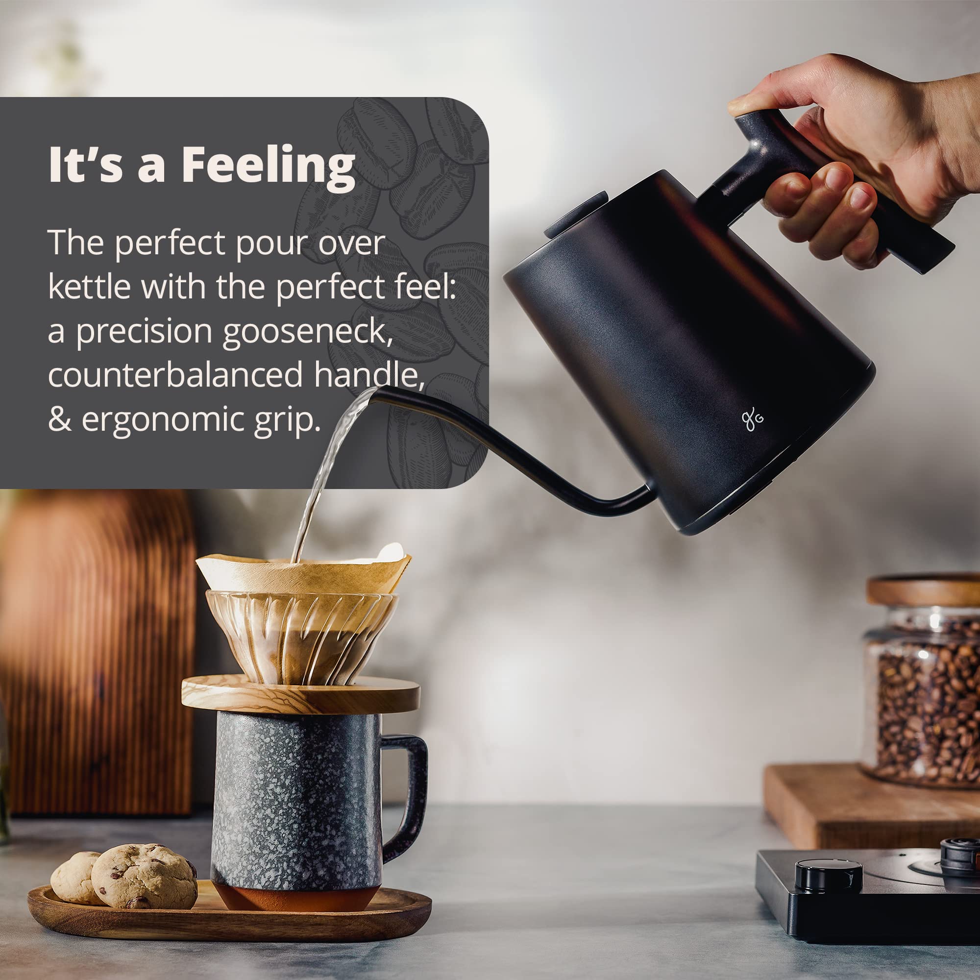 Greater Goods electric gooseneck kettle includes 1L capacity and warranty support.