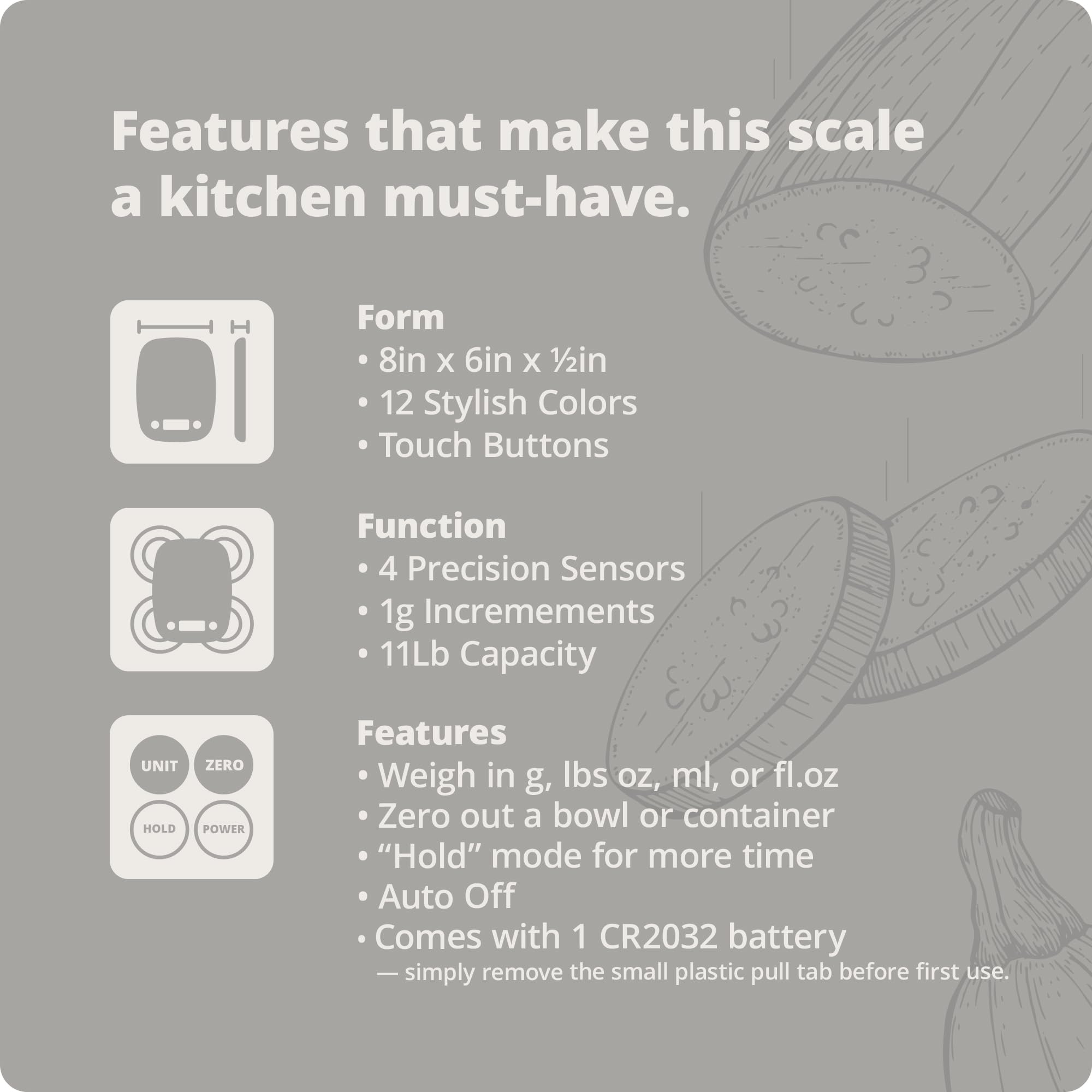 Greater Goods Food Scale ships with a preinstalled battery for immediate use.