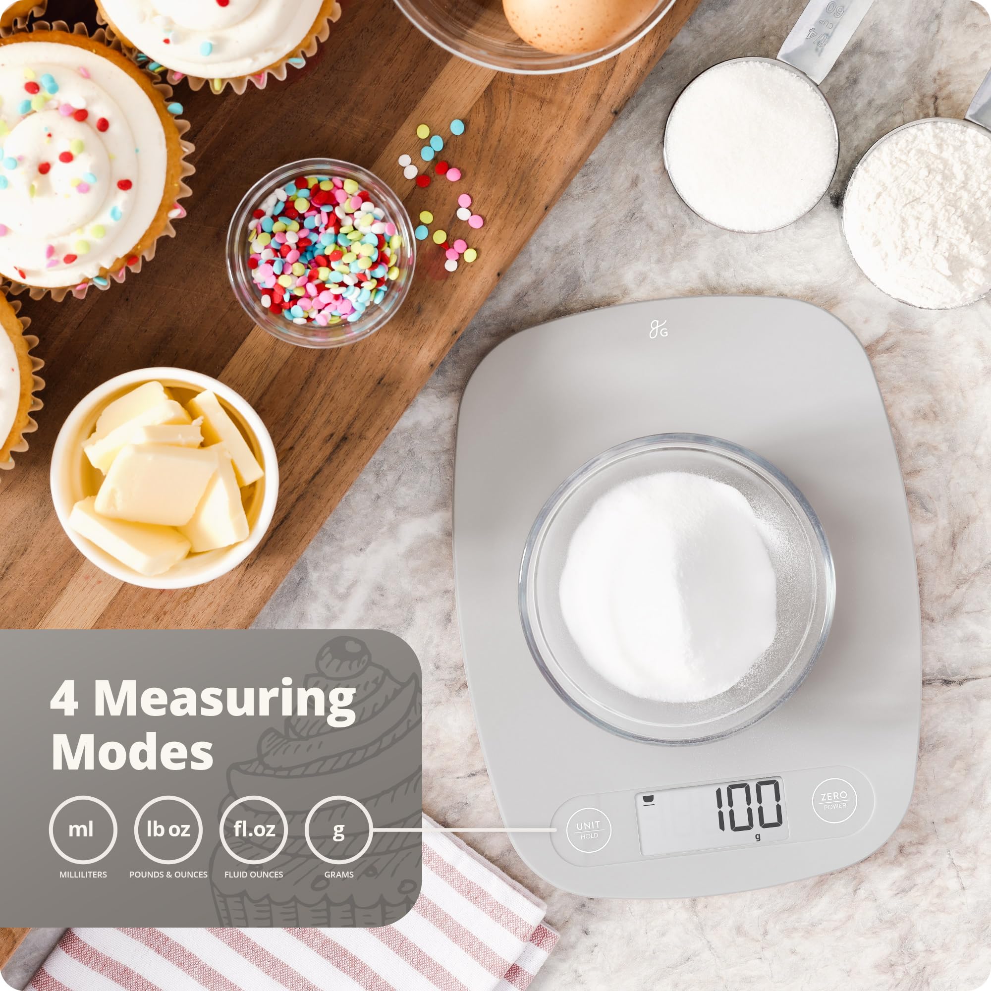 Greater Goods Food Scale uses BPA-free plastic that's easy to wipe clean.