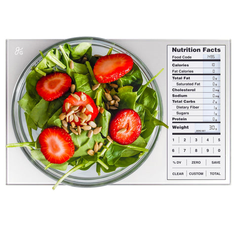 Greater Goods nutrition display shows calories and macros for quick meal planning.