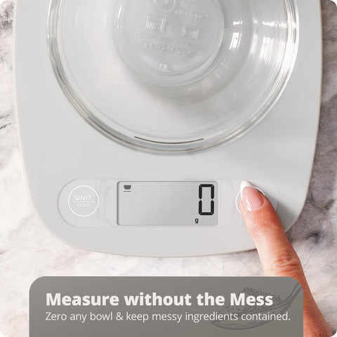 Greater Goods Food Scale switches between g, oz, lb, and ml.