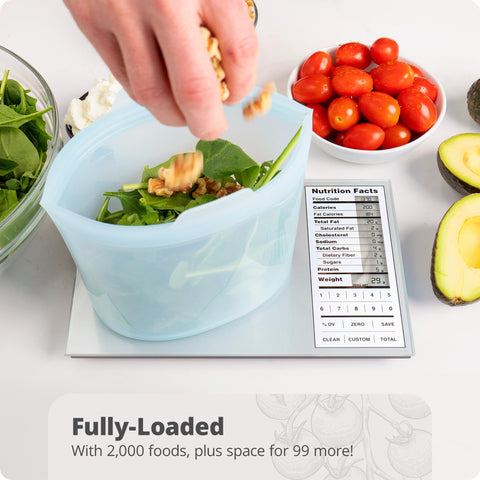Greater Goods Nutrition Scale food code booklet enables fast lookups.