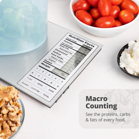 Greater Goods Nutrition Scale with glass surface for easy cleaning.