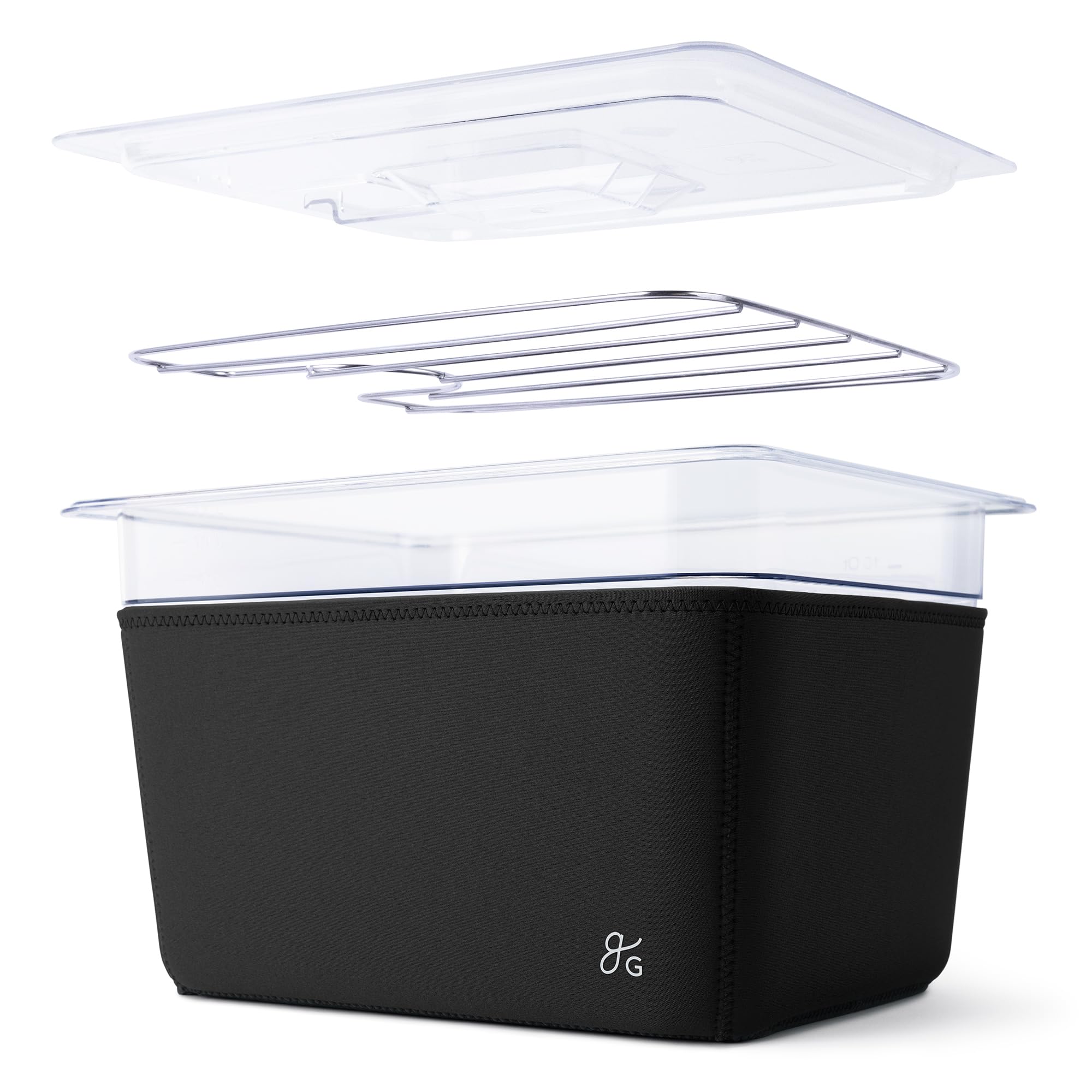 Greater Goods 12 Qt sous vide container with lid stabilizes heat for precise cooking.