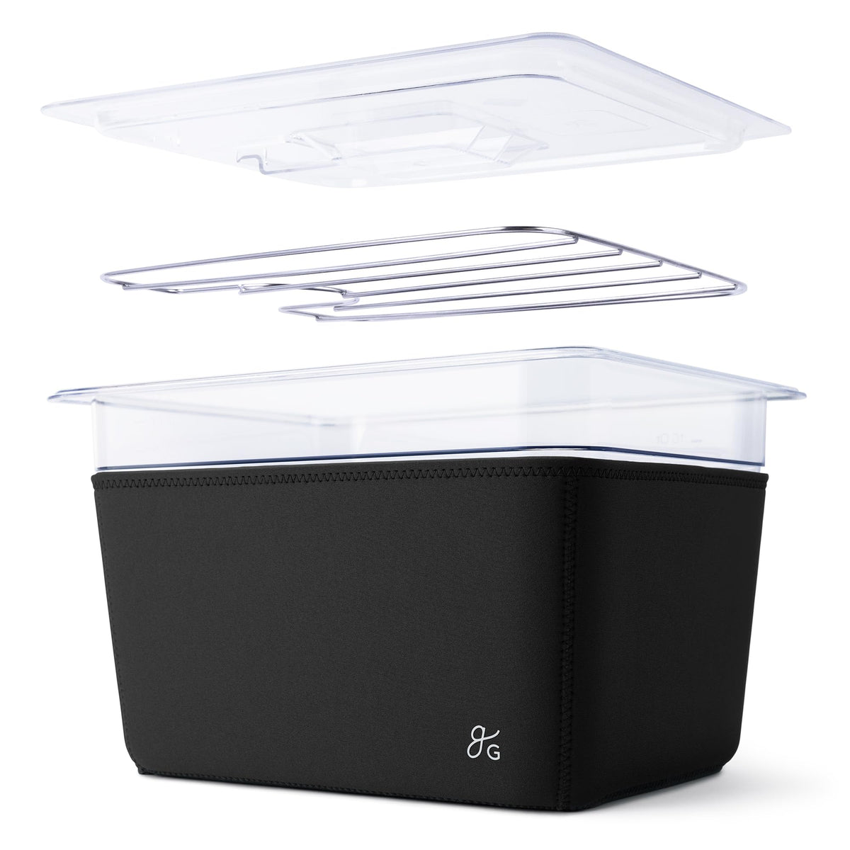 Greater Goods 12 Qt sous vide container with lid stabilizes heat for precise cooking.