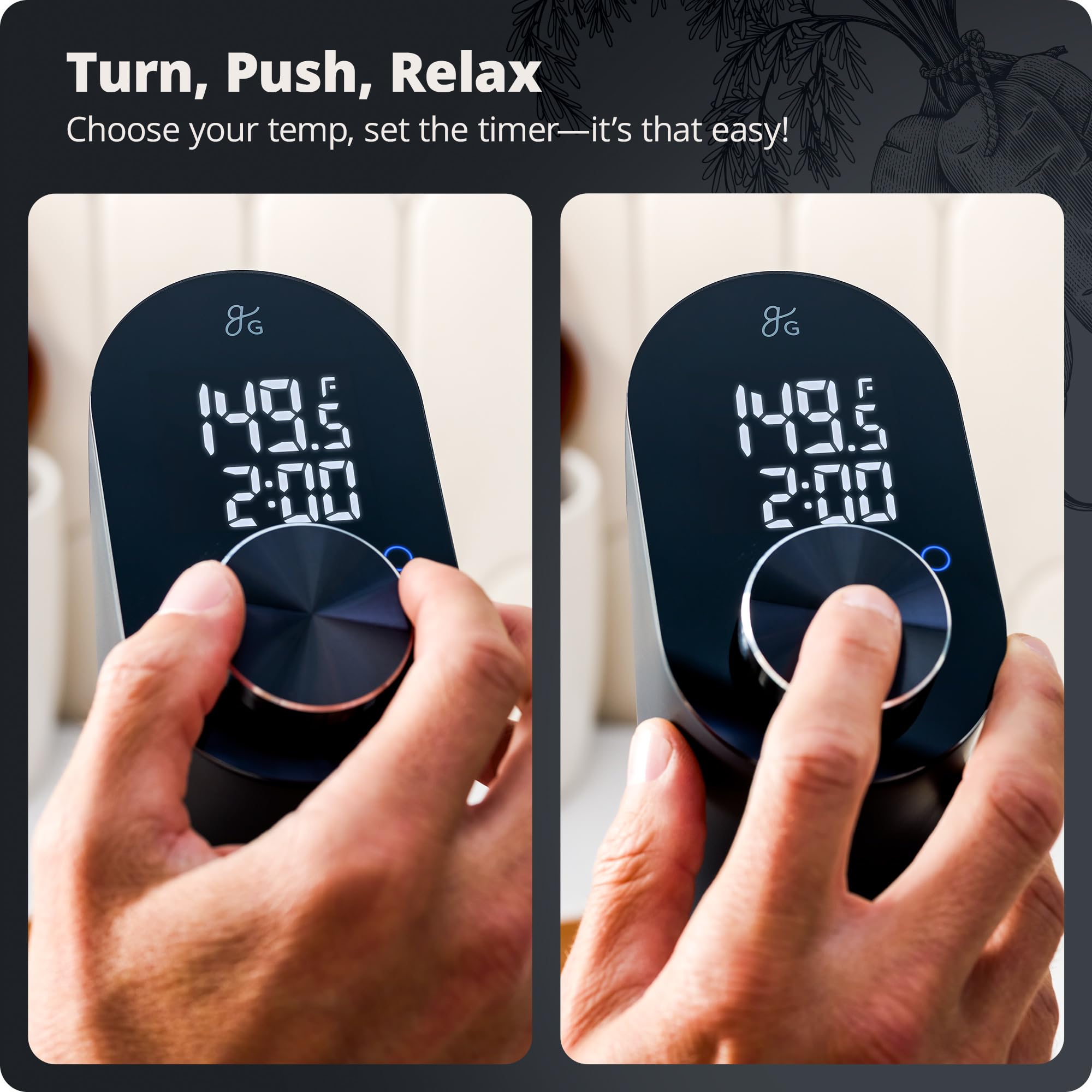 Greater Goods sous vide dial controls enable quick Fahrenheit or Celsius switching