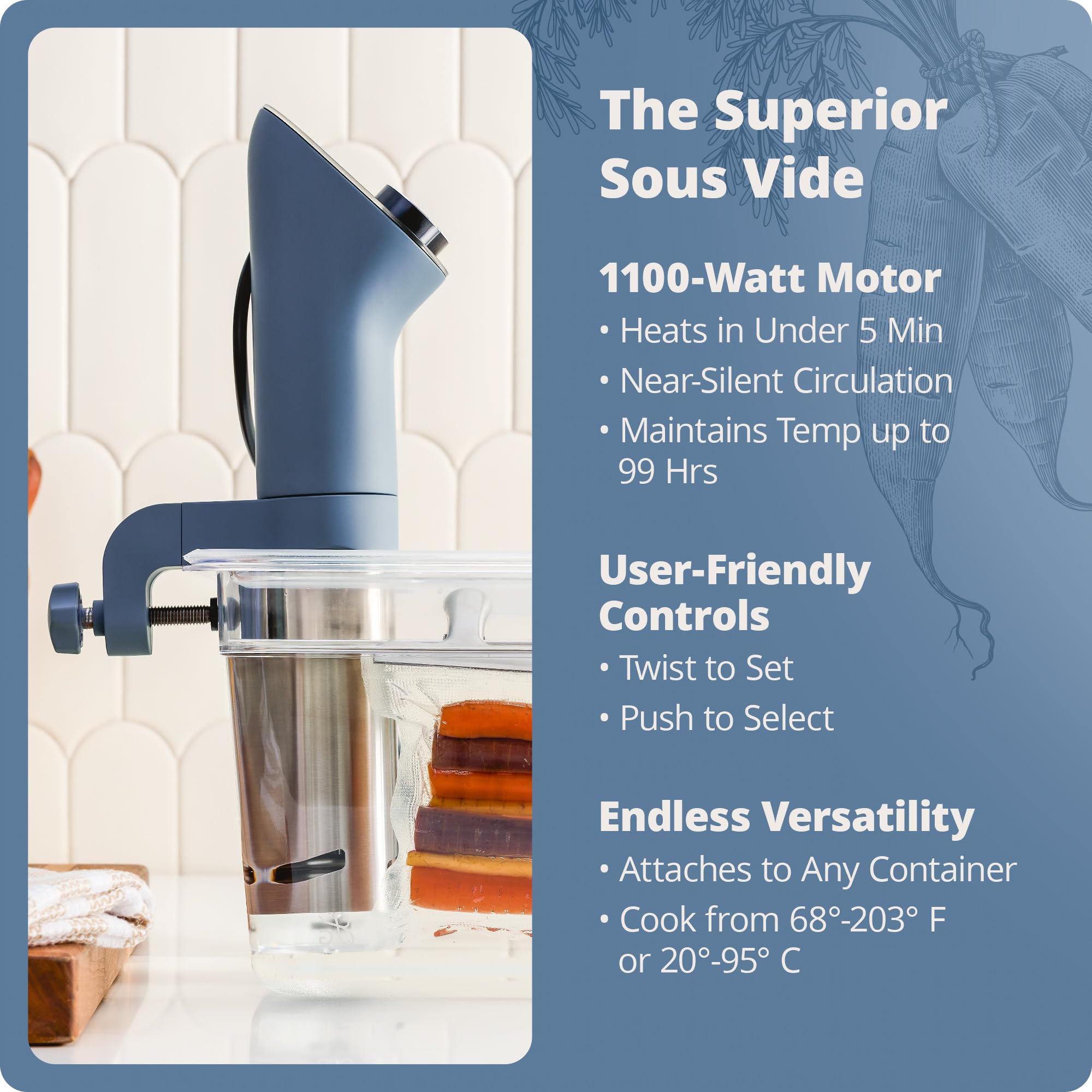 Greater Goods sous vide machine maintains precise temperatures from 68 to 203 °F