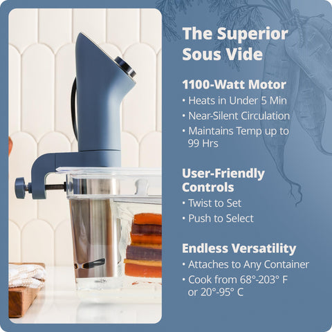 Greater Goods sous vide machine maintains precise temperatures from 68 to 203 °F