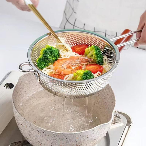 GreatLink colander steams vegetables or fries foods with the basket in a pot.