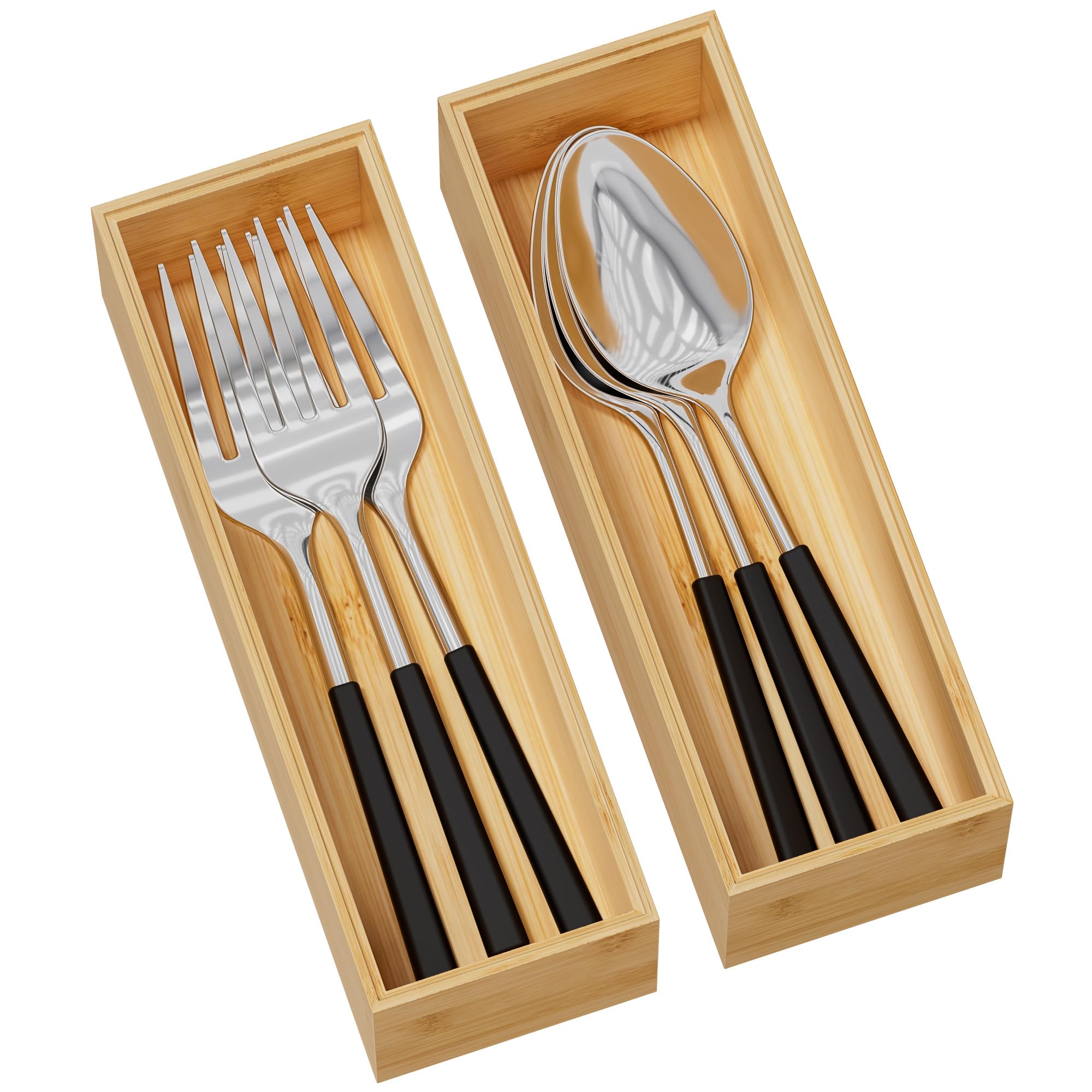 Greatseas bamboo drawer organizer with deep compartments ideal for kitchen utensils.