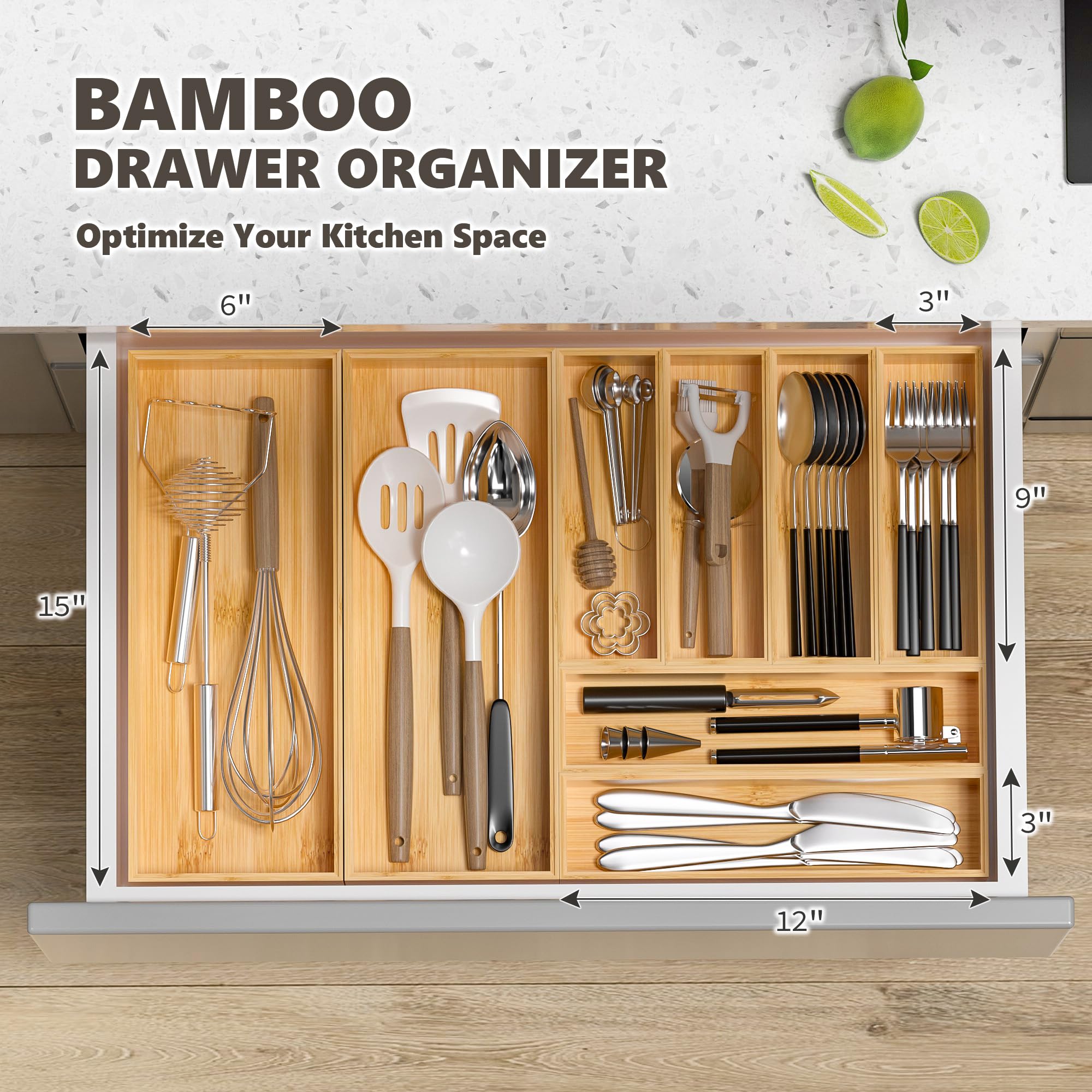 Greatseas bamboo drawer organizer in kitchen showcases versatile storage options.