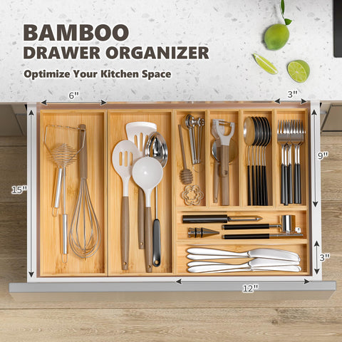 Greatseas bamboo drawer organizer in kitchen showcases versatile storage options.