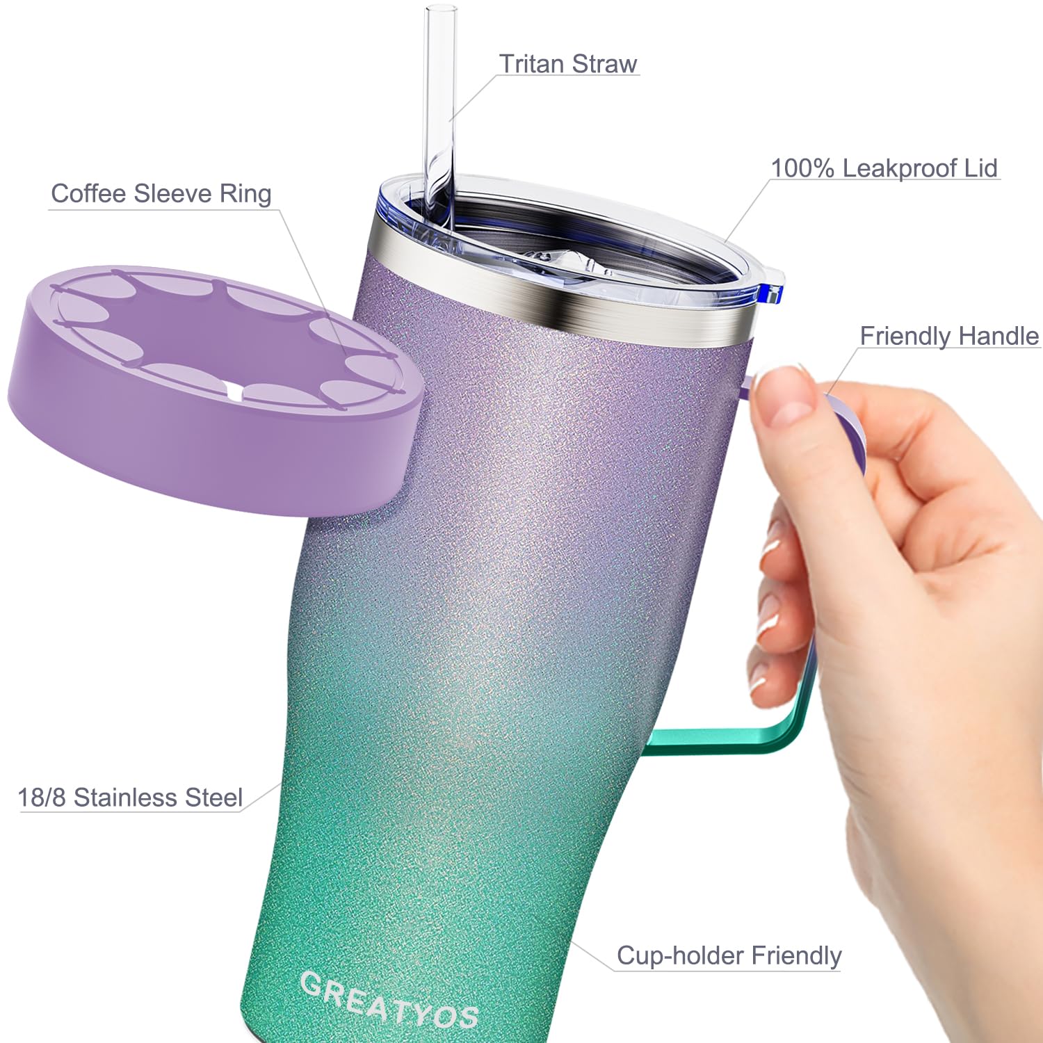 Greatyos ergonomic handle makes it easy to hold in car cup holders