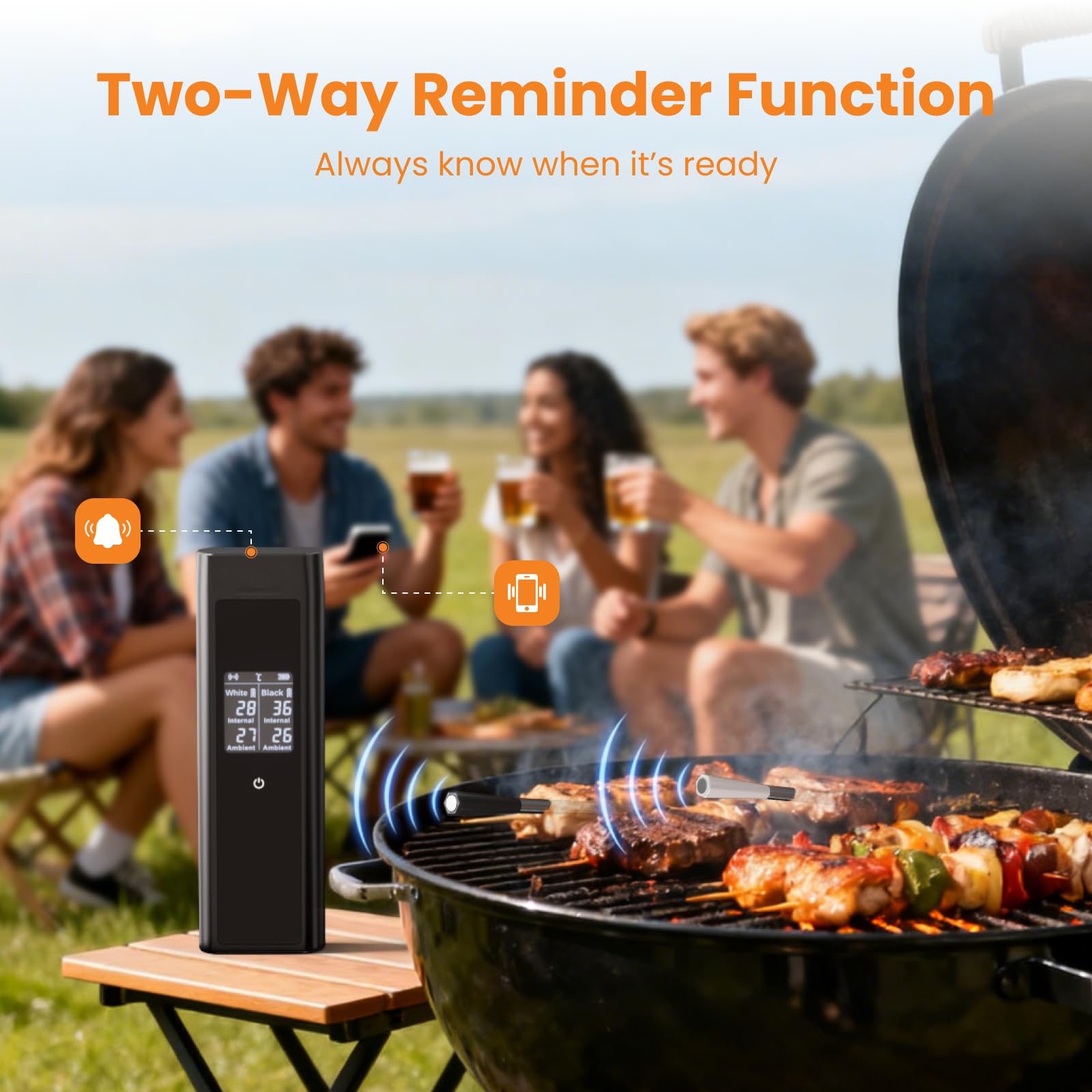 Grebilux IP67-durable probes withstand splashes during outdoor grilling.