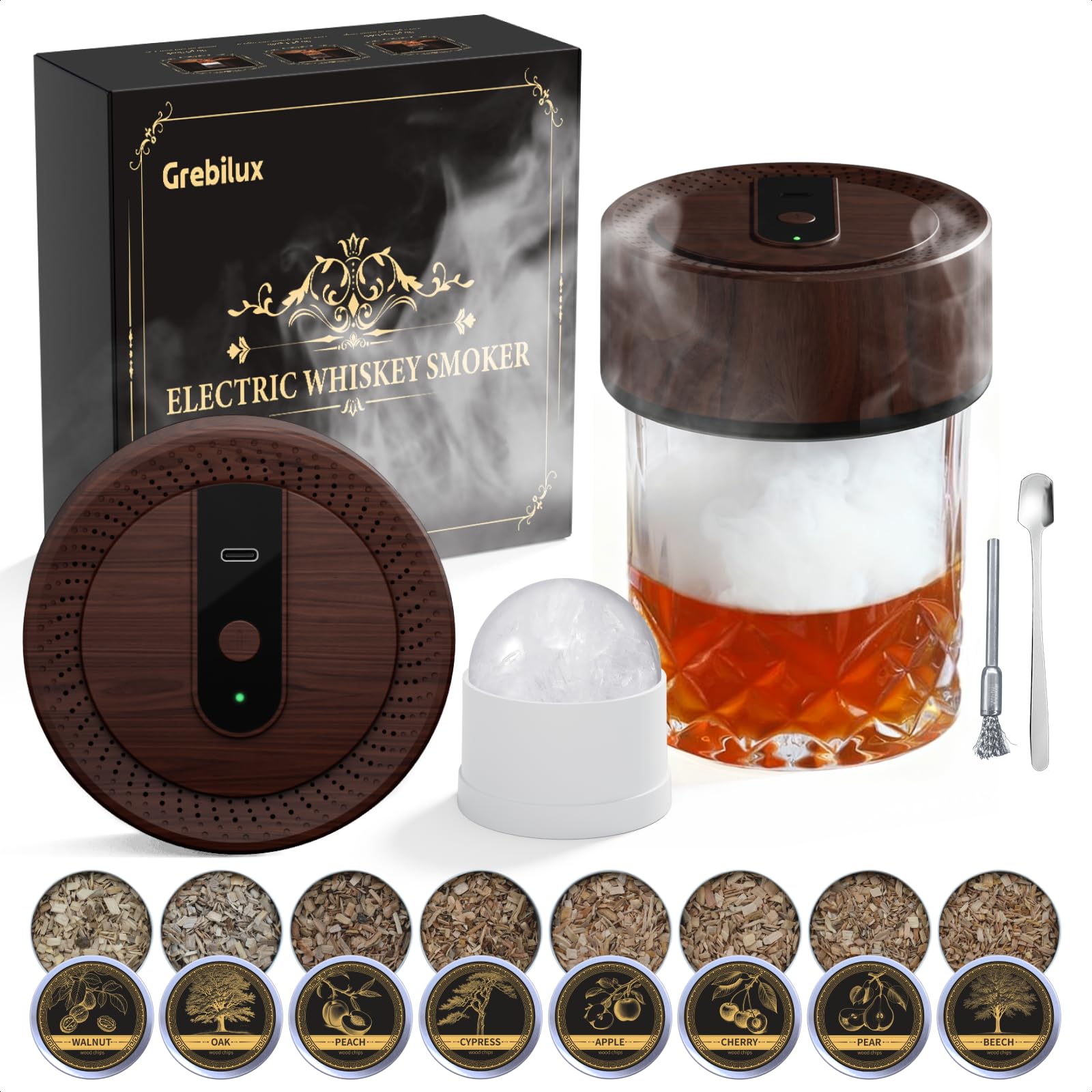 Grebilux vintage electric whiskey smoker top view, sleek and modern for stylish home bars.