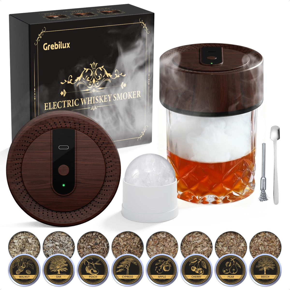 Grebilux vintage electric whiskey smoker top view, sleek and modern for stylish home bars.