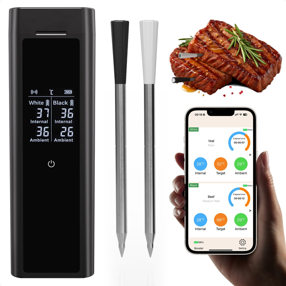 Grebilux wireless meat thermometer with dual probes for simultaneous cooking precision.