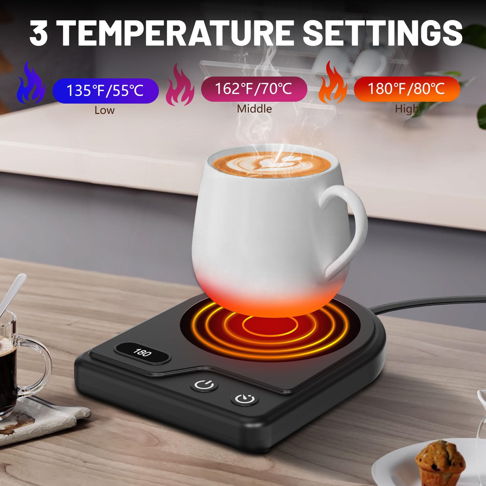 Greechane Mug Warmer temperature controls show three warmth levels